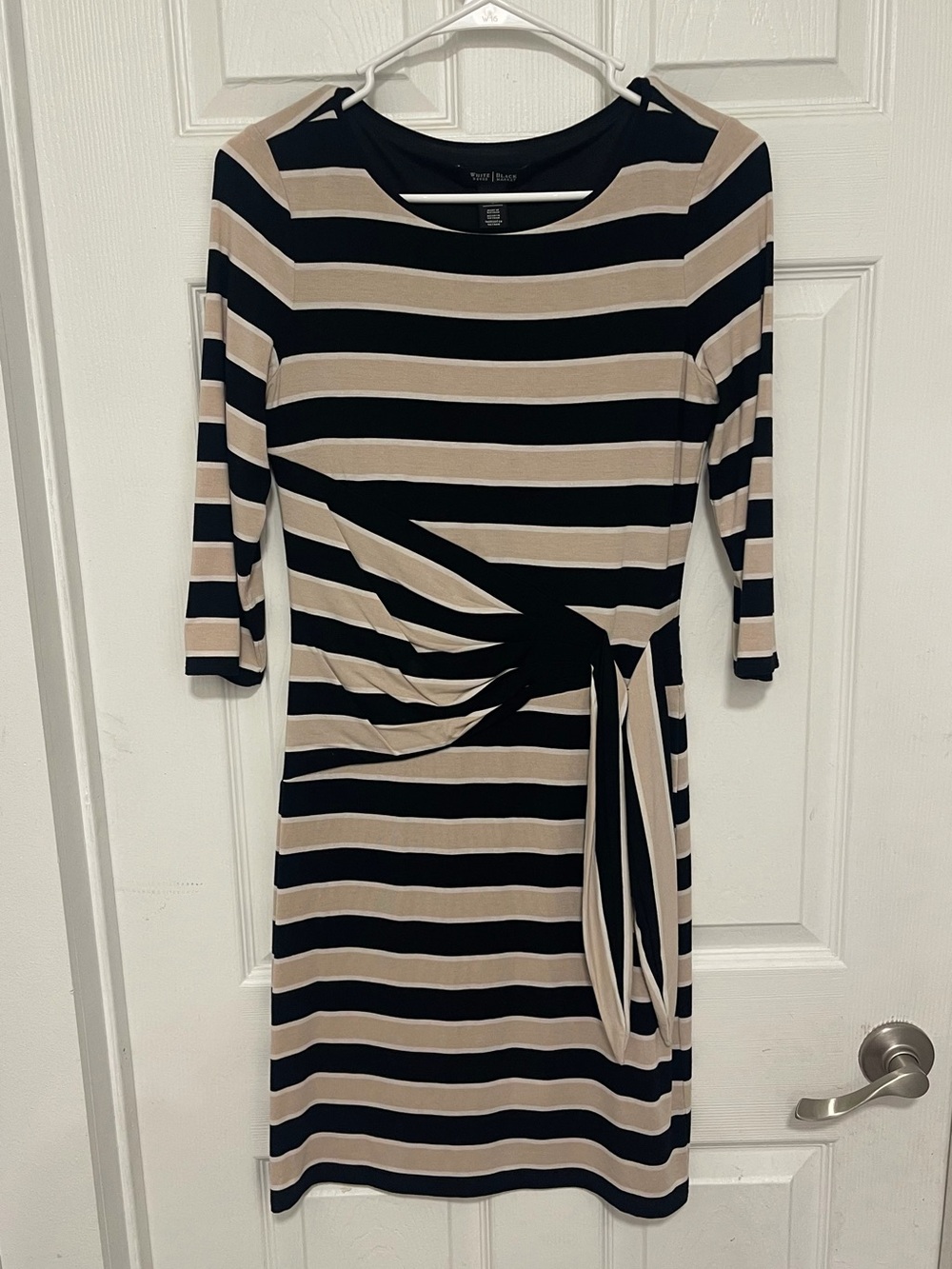 White House Black Market Black and Beige Striped Tie-Waist Midi Dress